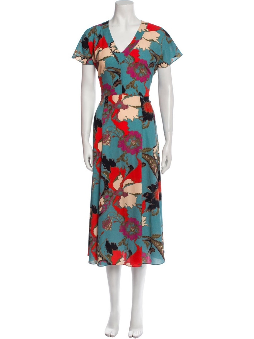 Etro Teal Floral V-Neck Midi Dress with Red and Cream Accents